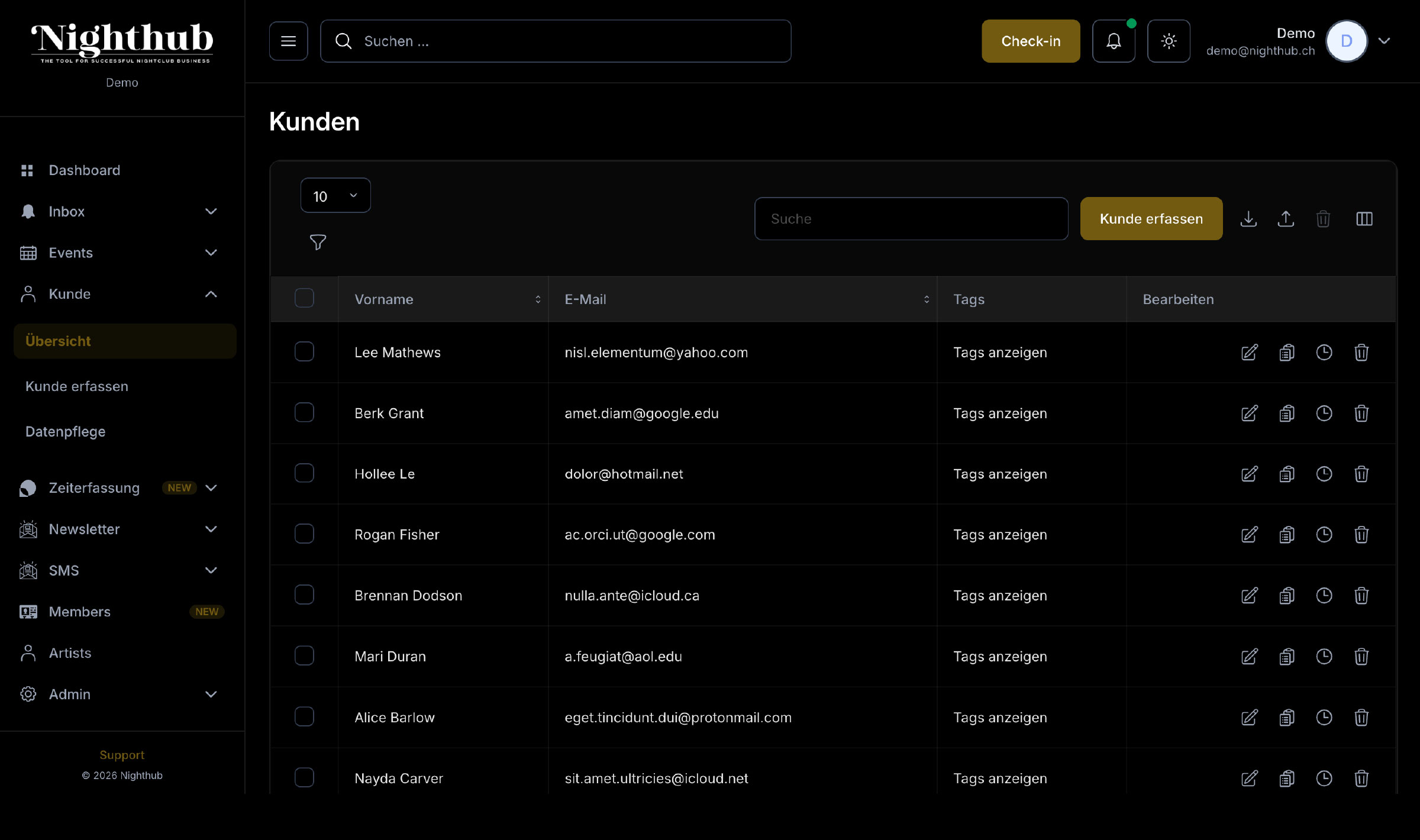 Nighthub Backoffice: Kundenübersicht — zentrale Kundenverwaltung (CRM) mit Stammdaten und Aktionen